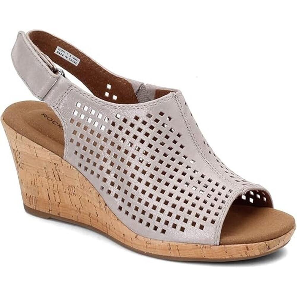 Rockport Women's Briah Perf Sling Wedge Sandals, Metallic Khaki Size 8W